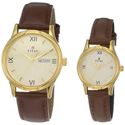 Titan Analog Gold Dial Couples Watch 15802490YL05