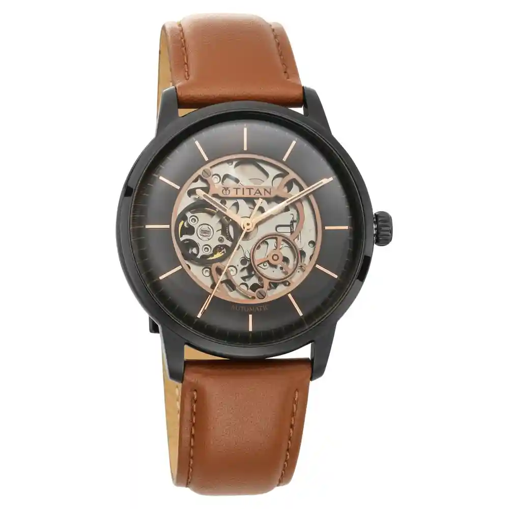 Titan Automatic Watch With Black Dial And Tan Strap 90110NL01