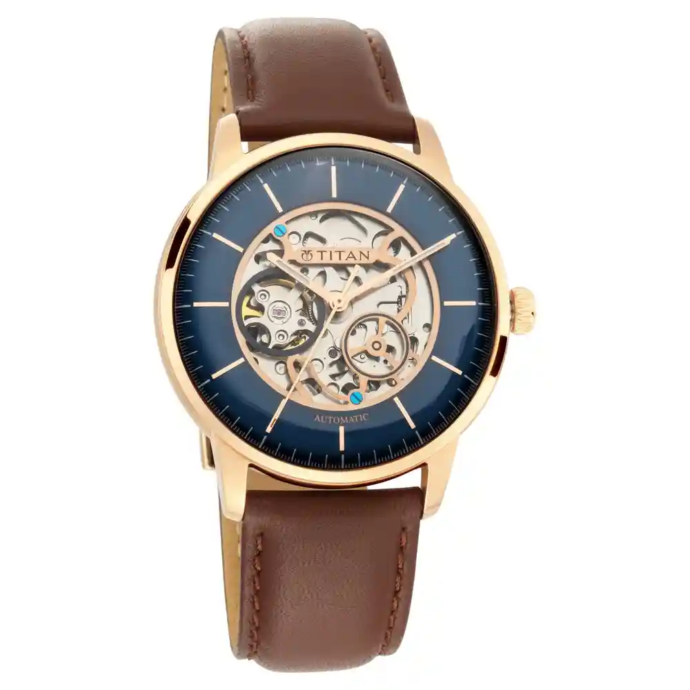 Titan Automatic Watch With Blue Dial And Brown Strap 90110WL02