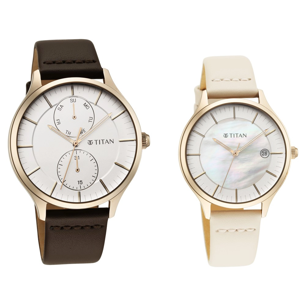 Buy Online Titan Bandhan White Dial Quartz Multifunction Leather Strap watch  for Couple - nr9400394203wl01p | Titan