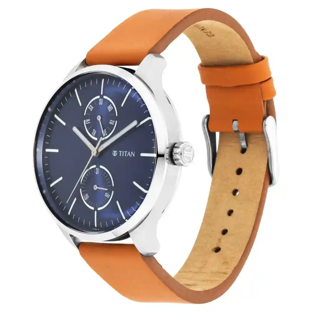 Titan Evoke Blue Dial Tan Leather Strap Watch 1833SL01