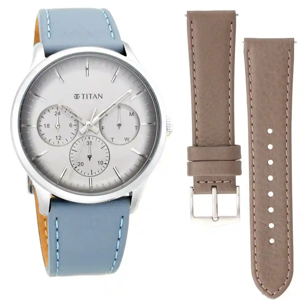 Titan Light Grey Dial Leather Strap Watch 90125SL03