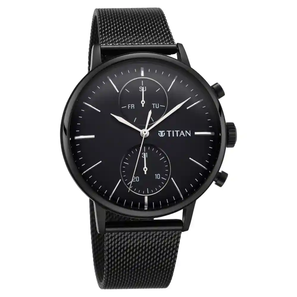 Titan Light Leathers Watch With Black Dial And Black Leather Strap 90135NM01