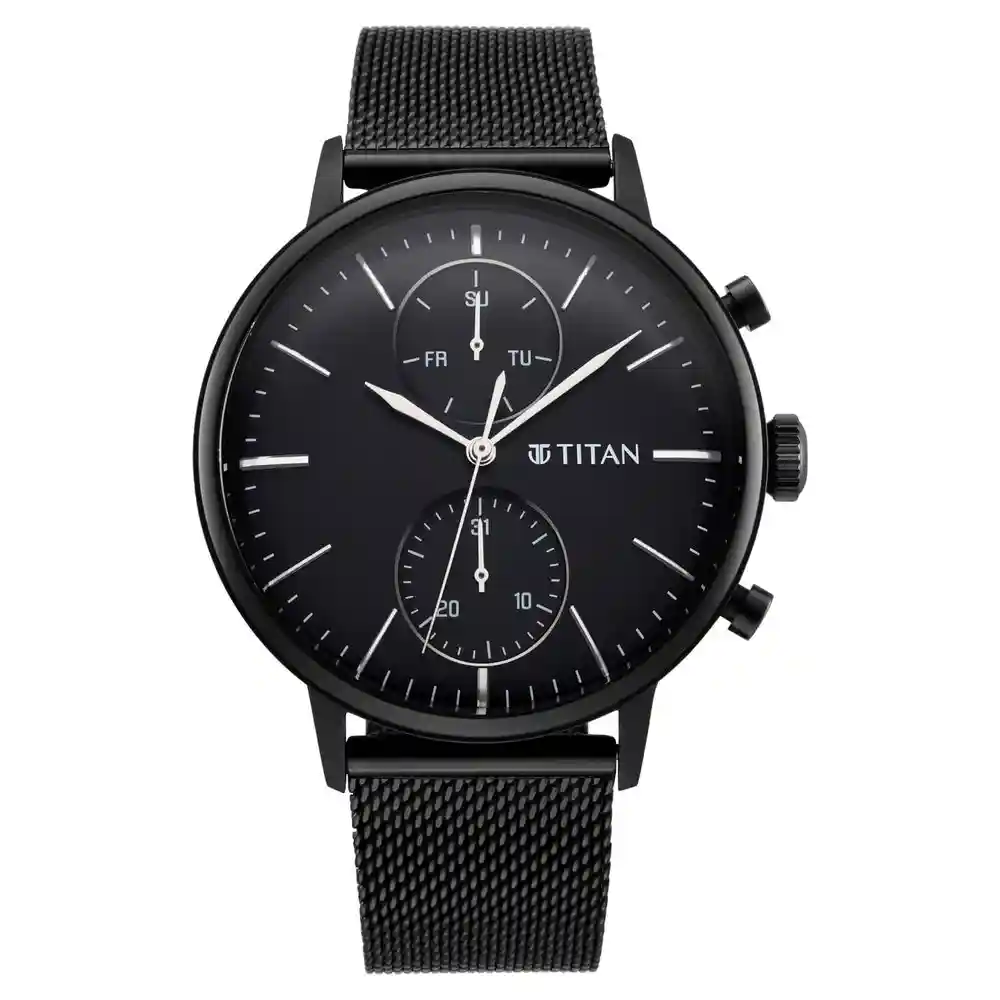 Titan Light Leathers Watch With Black Dial And Black Leather Strap 90135NM01