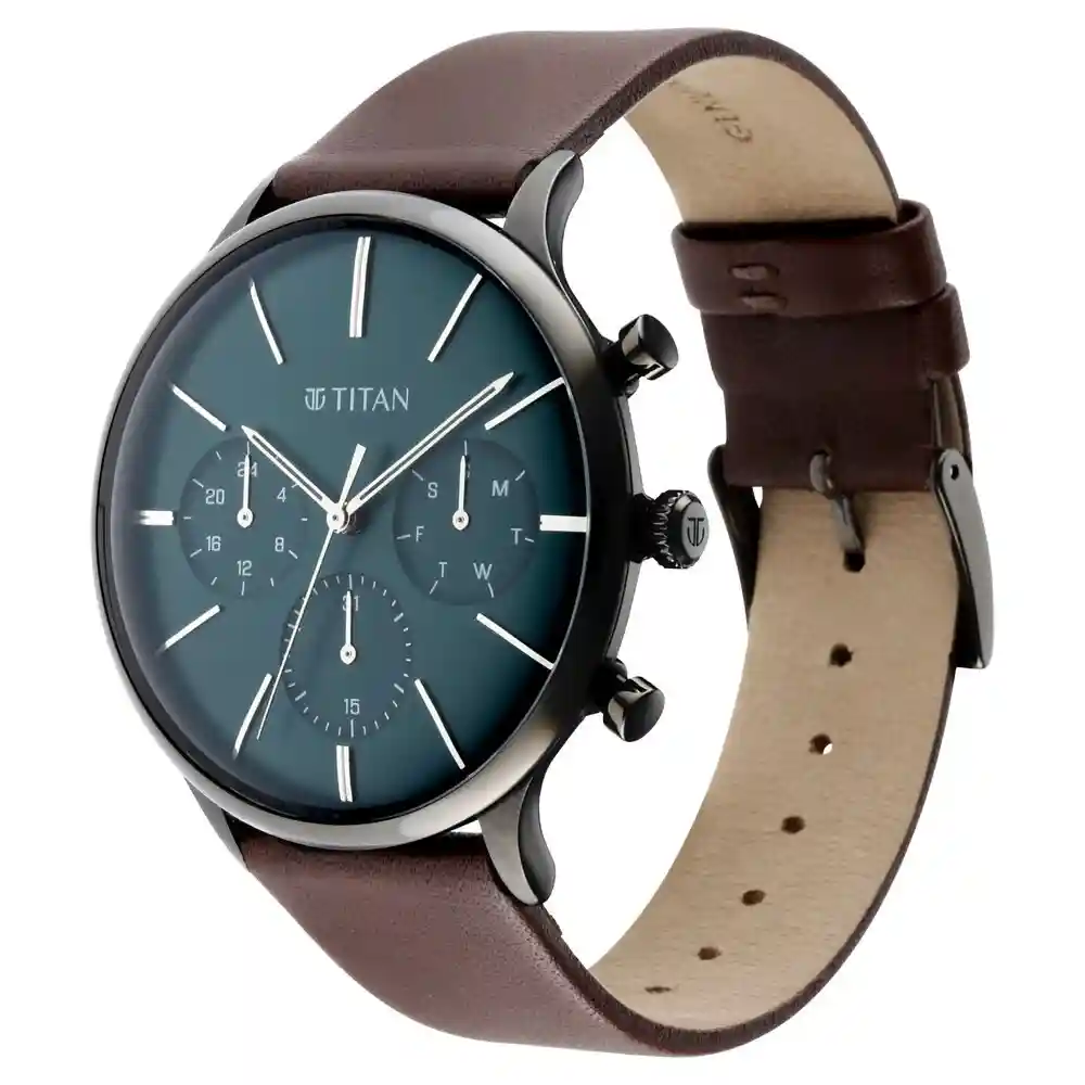 Titan Light Leathers Watch With Green Dial And Brown Leather Strap 90134QL01