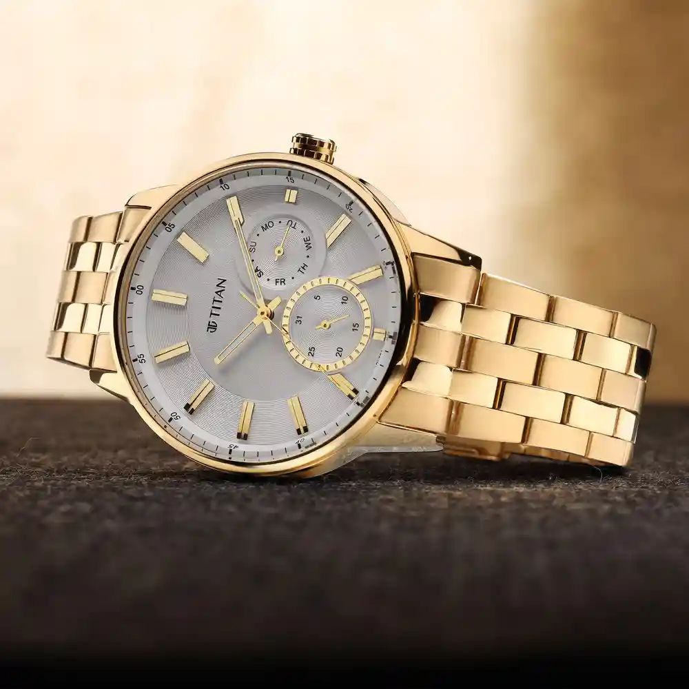 Titan Regalia Opulent White Dial Golden Stainless Steel Strap Watch 9441YM01