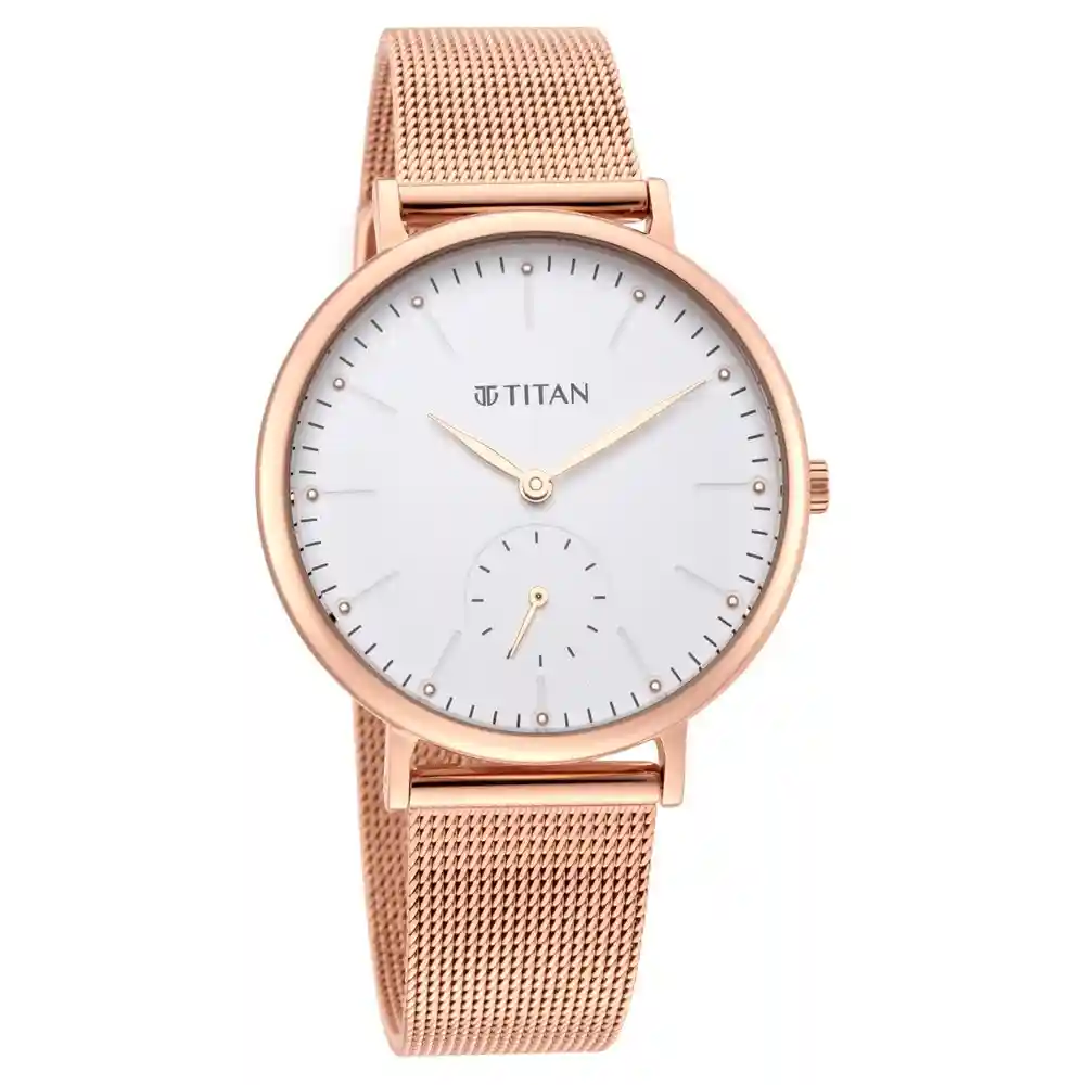 Titan Slimline White Dial Rose Gold Stainless Steel Strap Watch 95142WM01