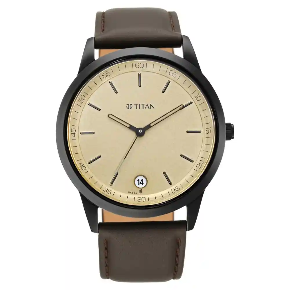 Titan Workwear Watch With Golden Dial And Leather Strap 1806NL02